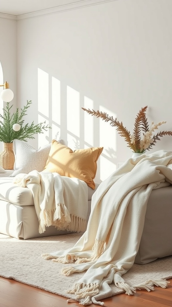 Cozy living room with layered off-white textiles, including a throw blanket and decorative pillows.