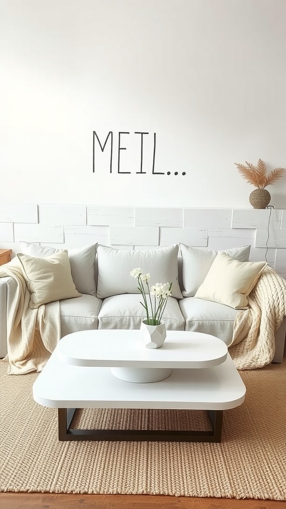 A light and airy living room featuring a cozy sofa with neutral cushions and a coffee table with flowers, emphasizing lightweight upholstery.