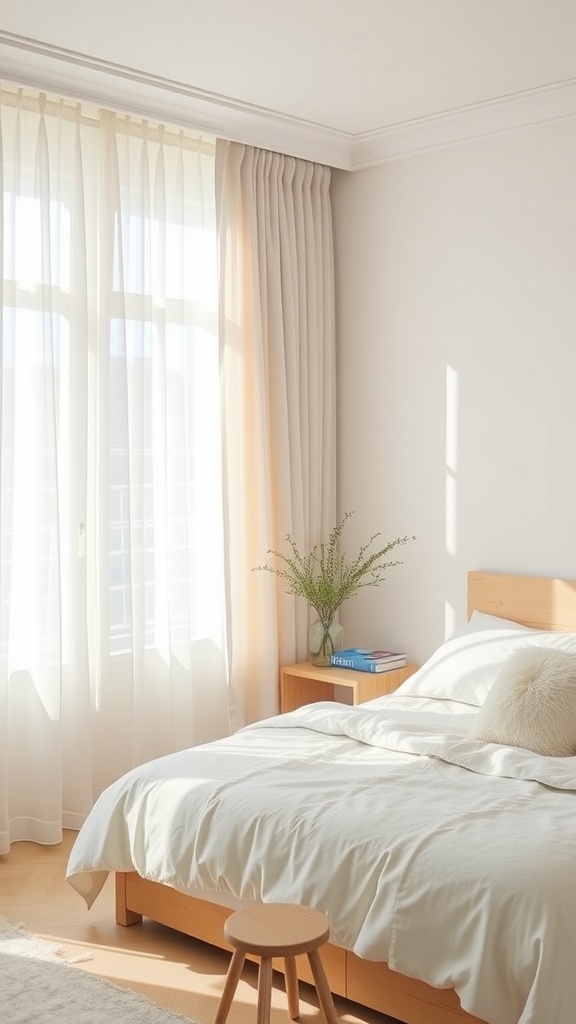 A bright bedroom with lightweight linen curtains and bedding, featuring a natural wood bedside table.