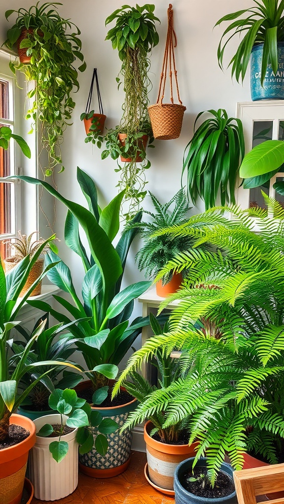 A vibrant arrangement of indoor plants, featuring hanging planters and various potted plants, creating a lively summer vibe.
