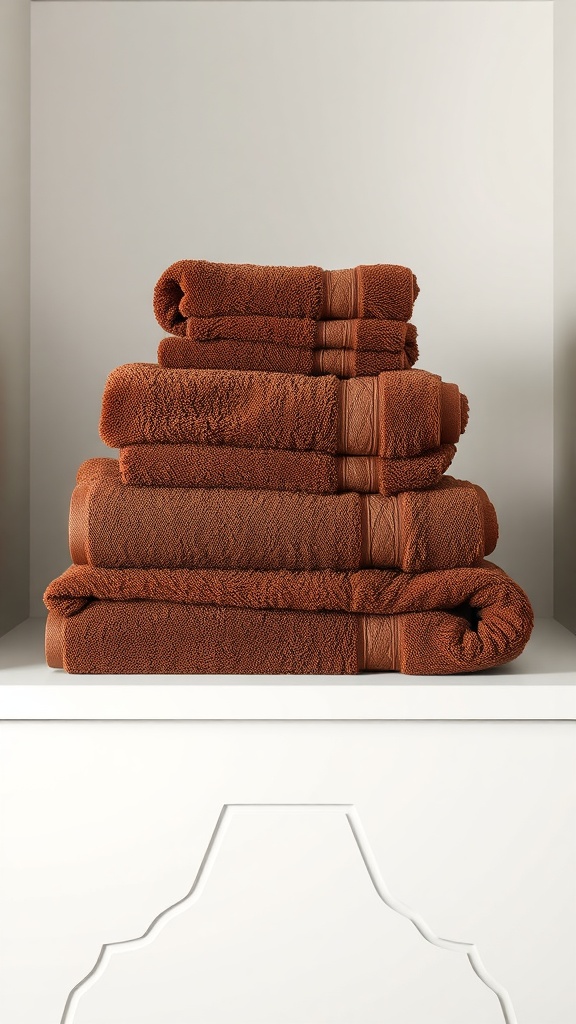 Stack of luxurious brown towels arranged neatly.