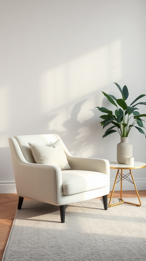 Luxurious off-white upholstered chair beside a small table with a plant