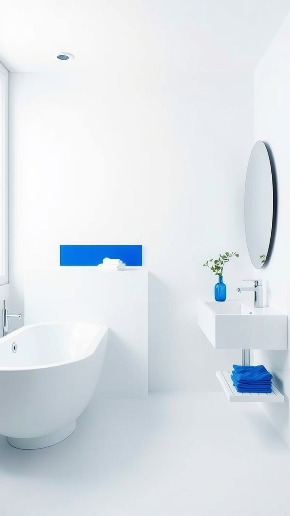 Minimalist bathroom design featuring white walls, blue accents, and a modern aesthetic.