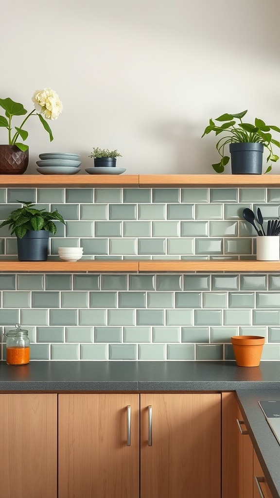 A kitchen featuring a muted green backsplash with wooden shelving and plants.