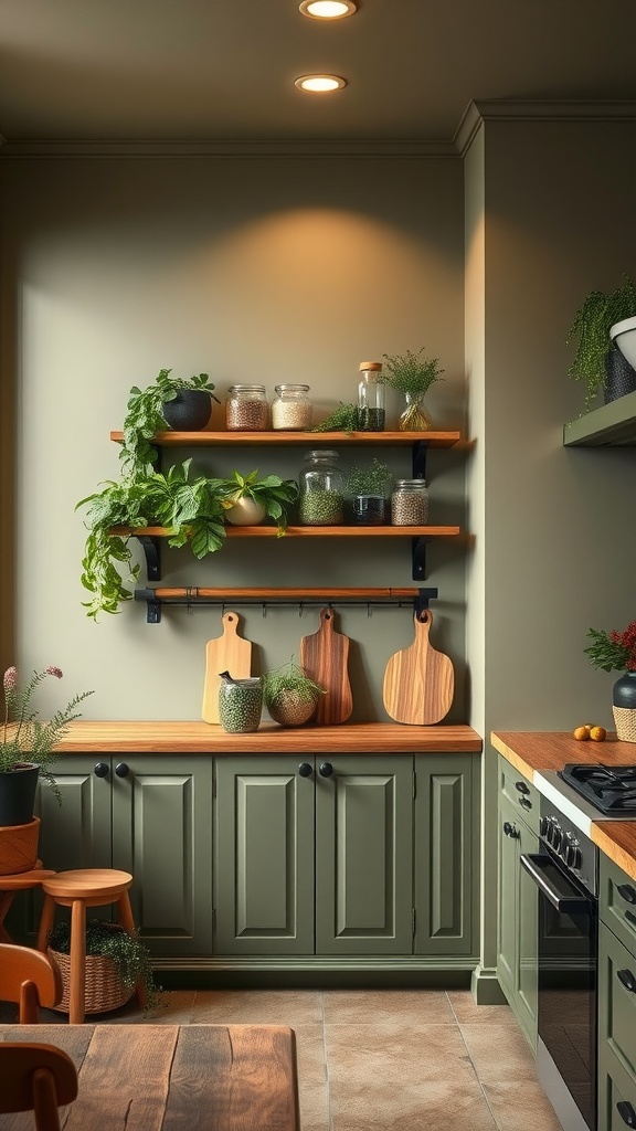 A kitchen featuring muted olive walls, wooden shelves, and decorative plants
