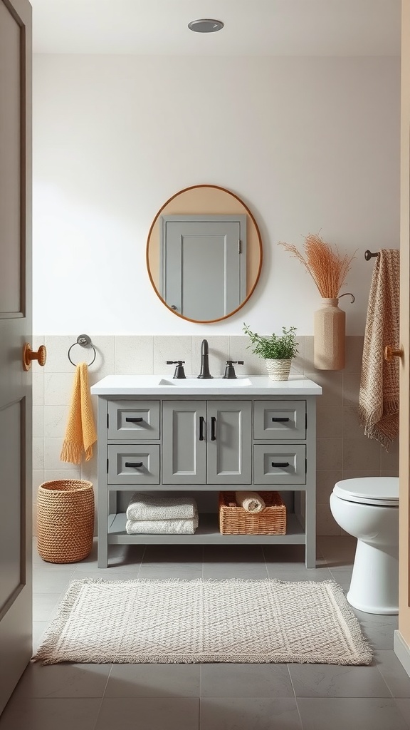 A cozy bathroom featuring a gray vanity with natural fiber textiles including a woven rug and basket.