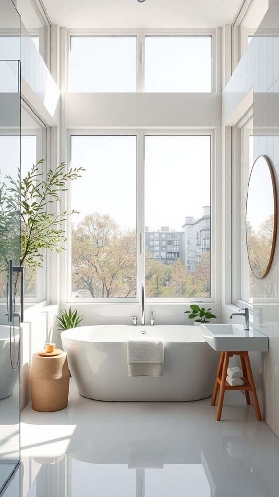 A bright bathroom with large windows, a freestanding bathtub, and minimal decor, emphasizing natural light and open space.