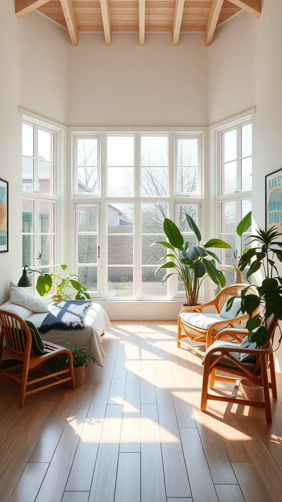 Cozy bedroom nook with large windows, wooden chairs, and plants, bathed in sunlight.