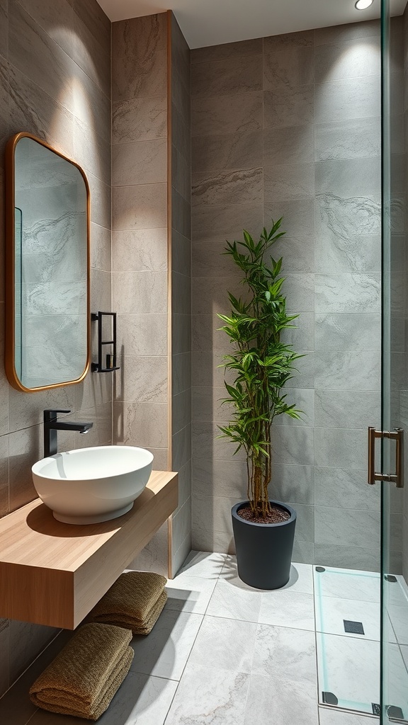 A modern bathroom featuring natural stone tiles, a round sink, wooden accents, and a potted plant.