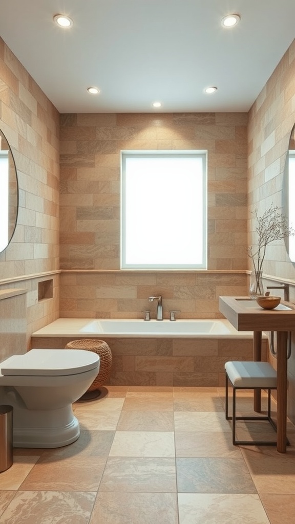 A modern bathroom with natural stone accents featuring warm tones on walls and floor, a sleek bathtub, round mirrors, and minimalist decor.
