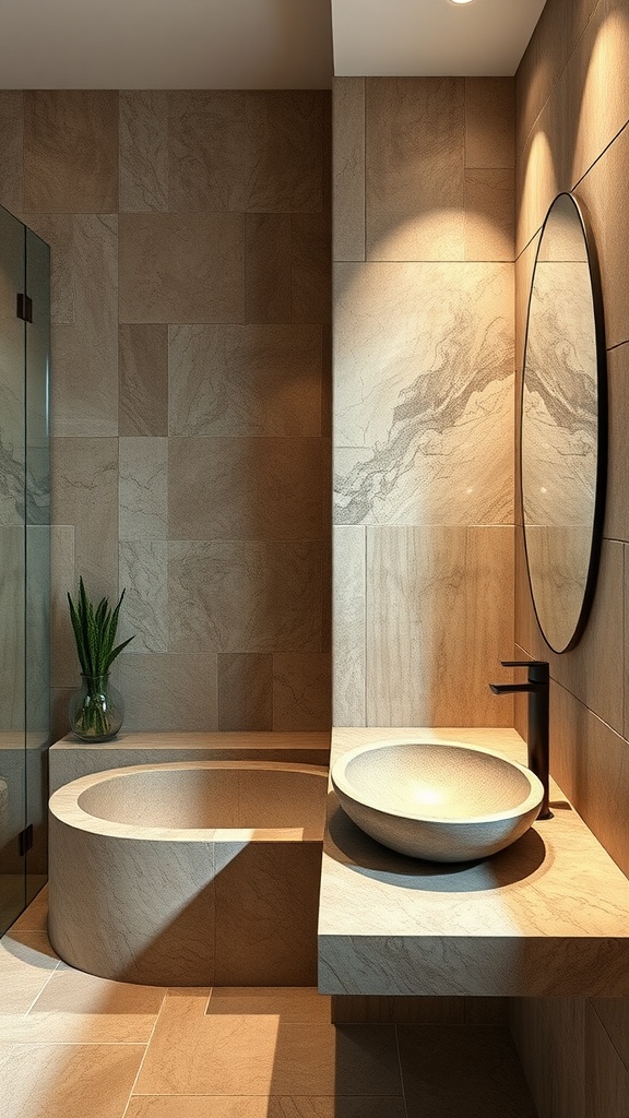 A modern bathroom featuring warm stone tiles, a round basin, and a circular mirror.