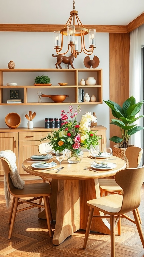 Cozy dining area with a wooden table, chairs, and shelves, featuring a floral arrangement and decor items.