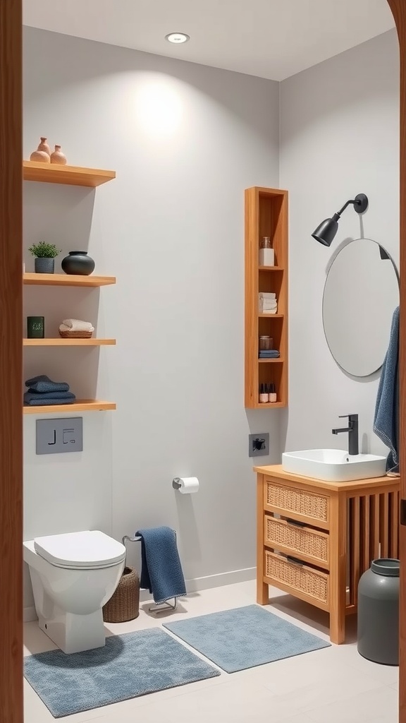 Bathroom with natural wood accents and blue decor