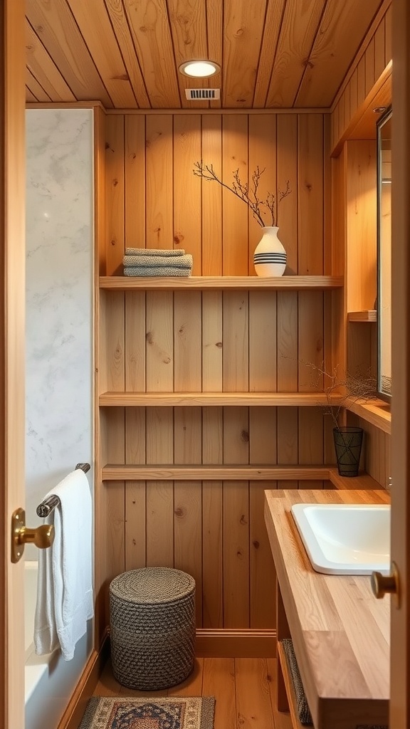A cozy bathroom featuring warm wooden accents with open shelves, decorative items, and a clean white sink.