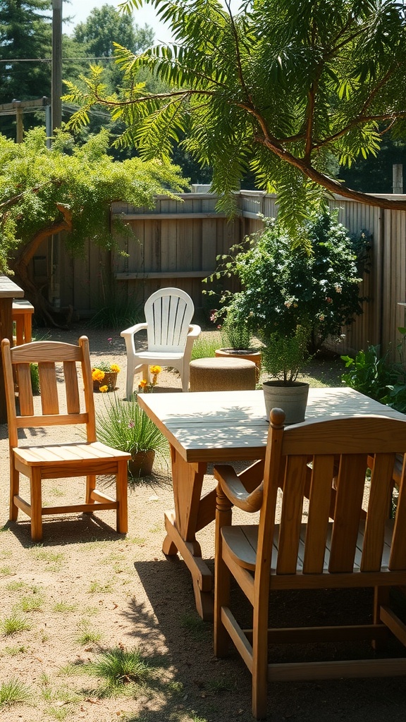 Wooden chairs and table in a garden setting with greenery