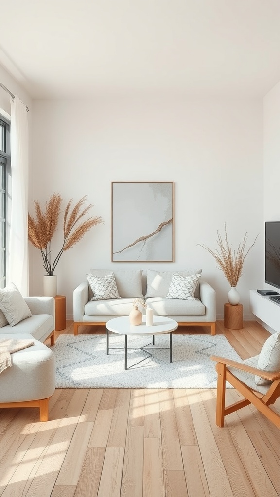 A living room with off-white sofas and natural wood accents, featuring plants and light wooden flooring.