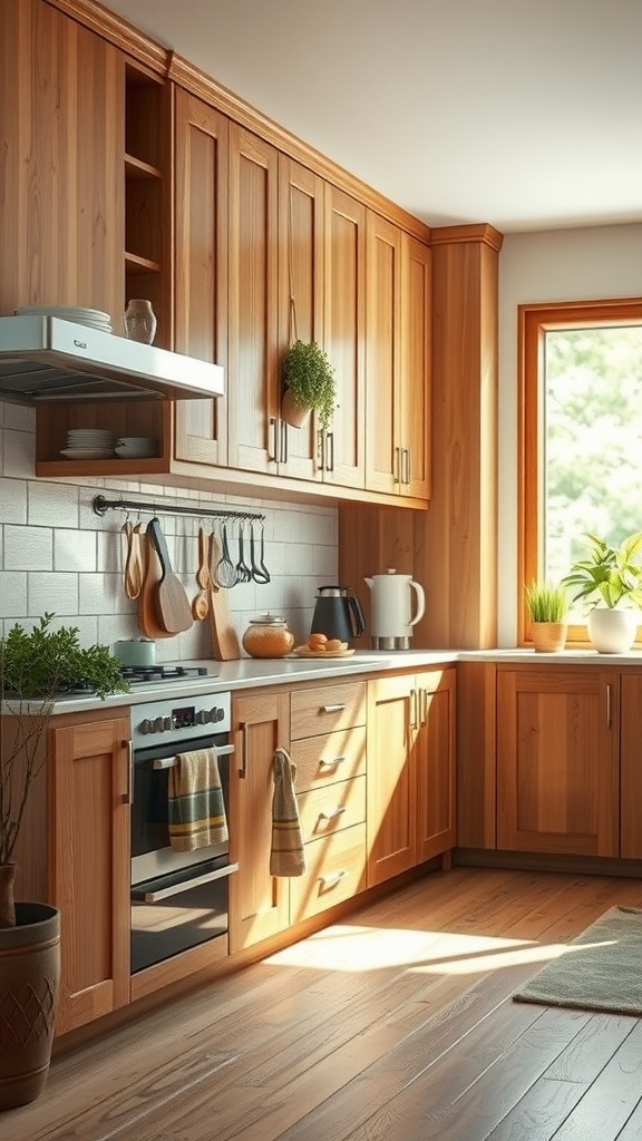 A kitchen with natural wood cabinets, featuring a bright window and plants, creating a warm and inviting atmosphere.