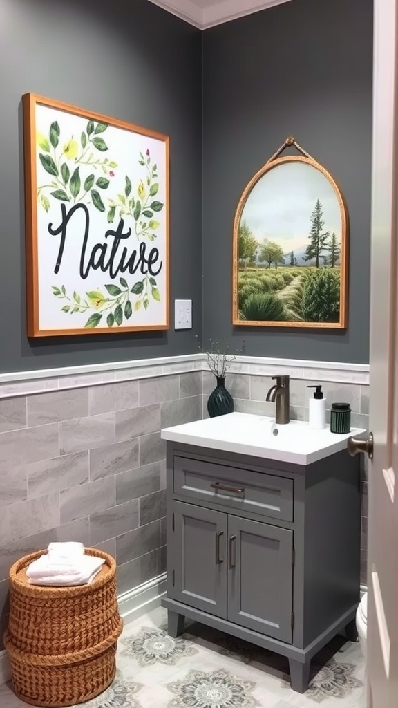 Bathroom with a gray vanity and nature-inspired artwork featuring trees and flowers