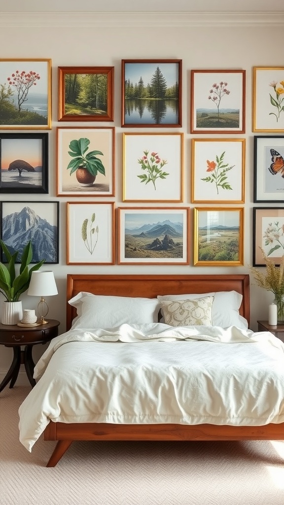 A cozy bedroom featuring a wooden bed with a collection of nature-themed artworks on the wall.