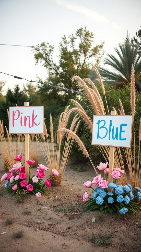 Nature-inspired gender reveal setup with signs for 'Pink' and 'Blue' surrounded by flowers.