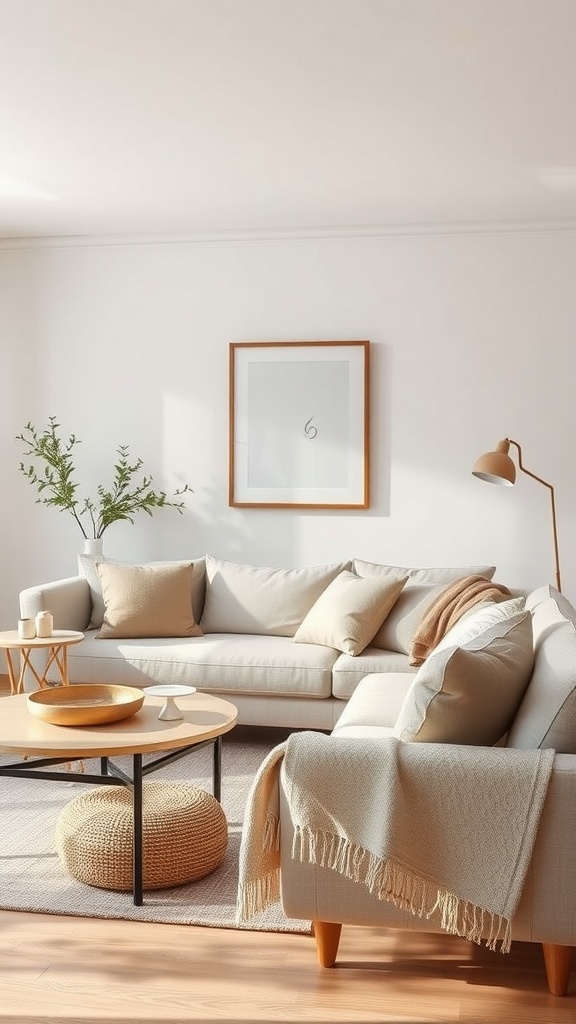 A serene living room with neutral colors, featuring a light sofa, cozy pillows, and natural greenery.