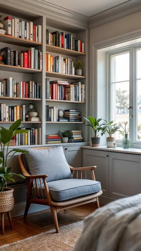 Cozy reading nook featuring built-in shelves, an armchair, and natural light