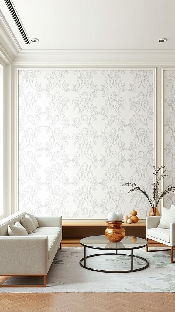 Living room featuring off-white accent walls with subtle patterns, light-colored furniture, and decorative elements.