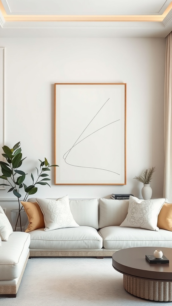 A minimalist living room featuring off-white artwork, a comfortable couch, and plants.