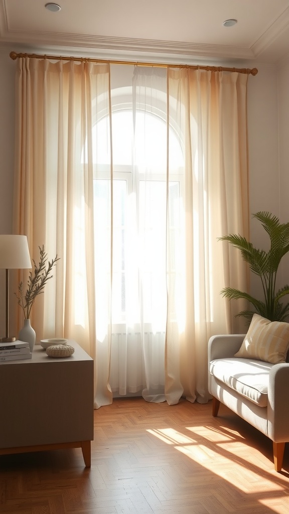 A living room featuring off-white curtains filtering soft light, a cozy sofa, and light wood furniture.