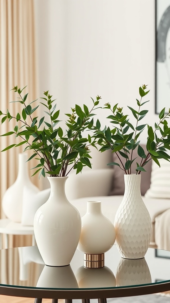 A stylish arrangement of off-white decorative vases with greenery on a coffee table