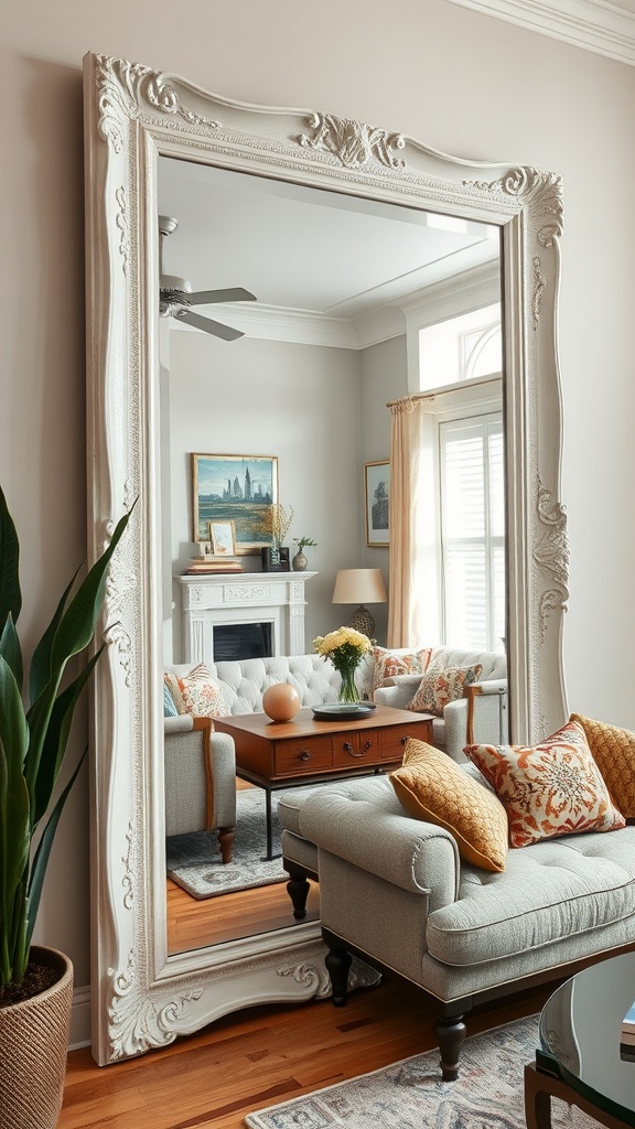 Off-white decorative wall mirror in a living room reflecting a chandelier and comfortable seating