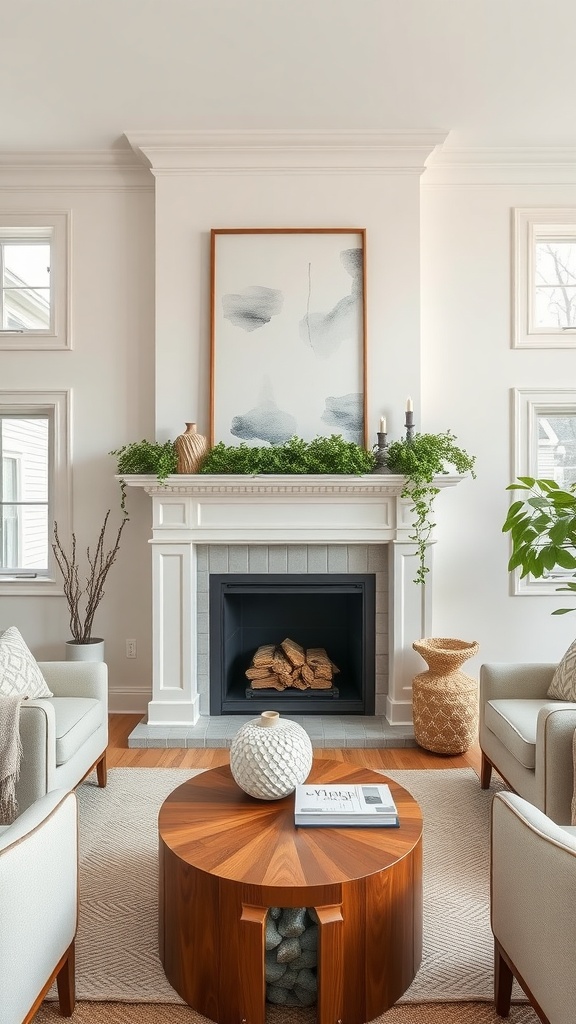 A cozy living room featuring an off-white fireplace, framed artwork, and stylish decor.