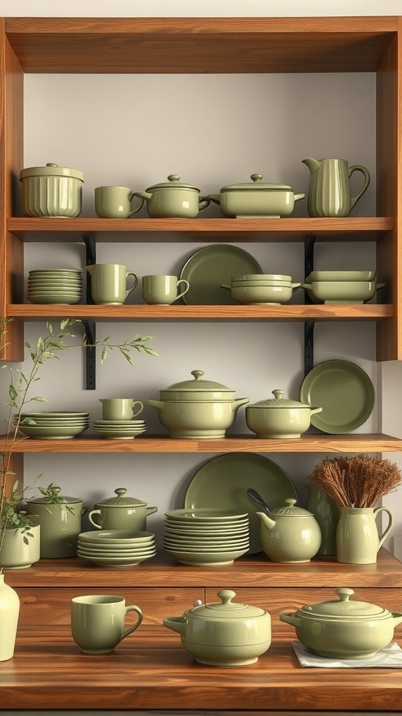 Showcasing olive green kitchenware on wooden shelves, including pots, plates, and cups.