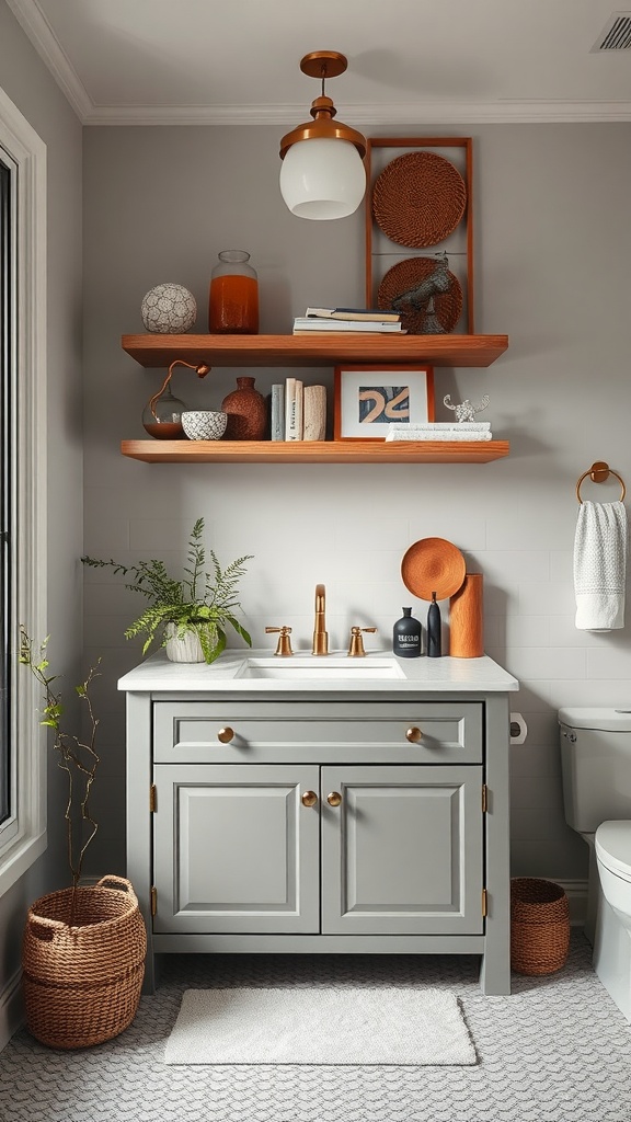 A stylish bathroom with gray vanity and open wooden shelving displaying decorative items and plants.