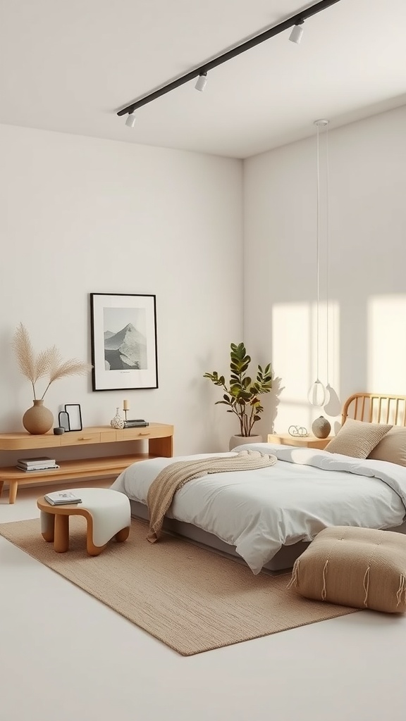 A serene bedroom showcasing organic shapes and earthy tones with a bed, wooden furniture, and plants.