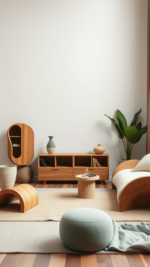 A cozy bedroom featuring furniture with organic shapes, showcasing natural materials and earthy tones.