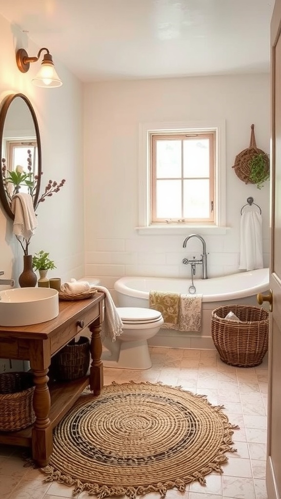 A zen bathroom featuring organic textiles and earthy accessories, including plants, woven baskets, and soft towels.