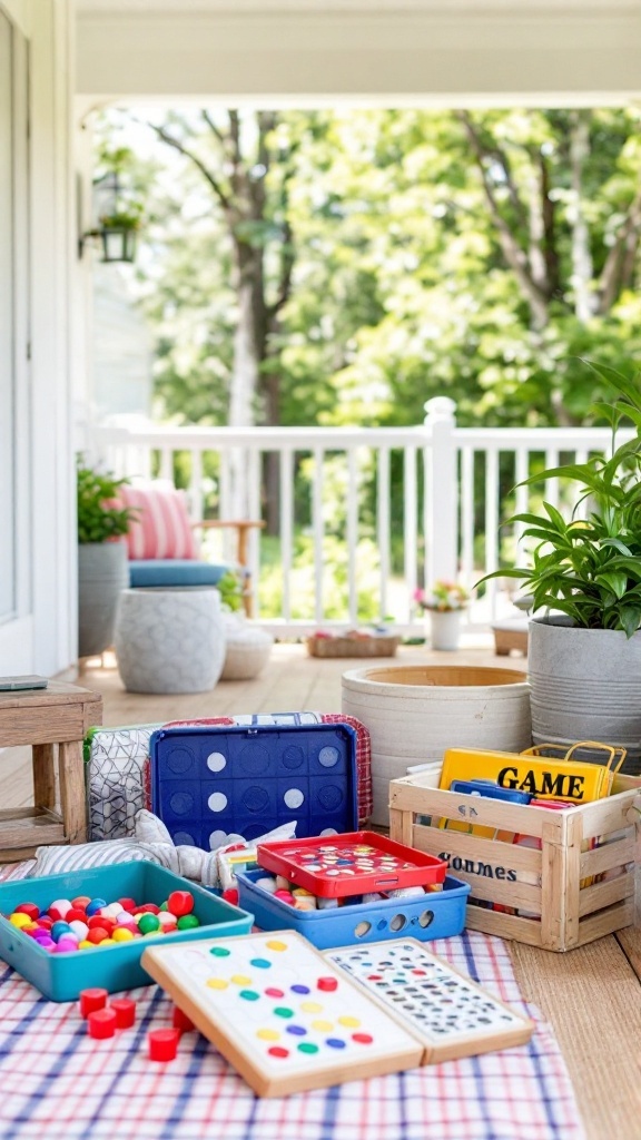 Colorful outdoor games and activities set up on a porch for family fun.