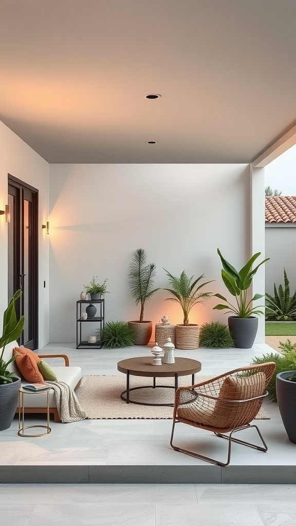 A minimalist outdoor living space featuring sleek furniture, potted plants, and soft lighting.