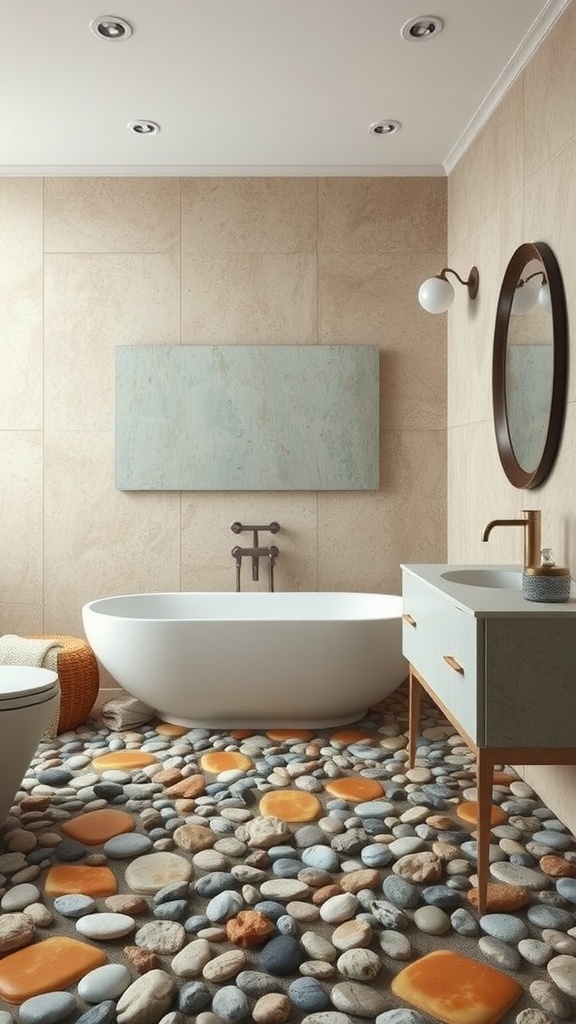 A bathroom with pebbled stone flooring, featuring a bathtub and light-colored walls.