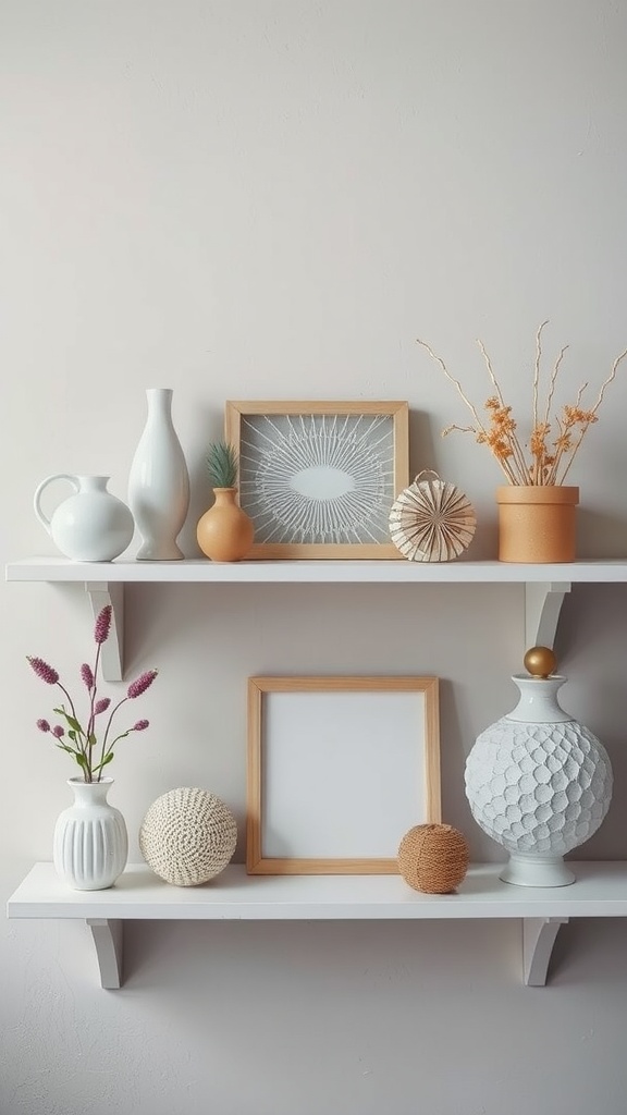 A minimalist shelf display featuring vases, a picture frame, and decorative spheres in neutral tones.