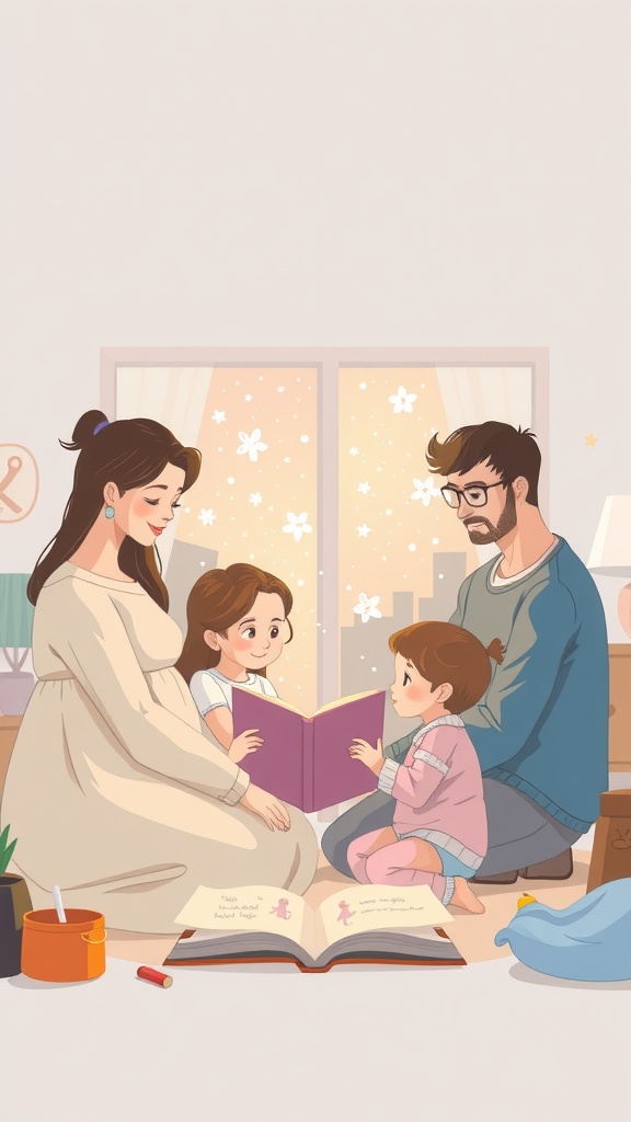 A family reading a personalized storybook together in a cozy setting.