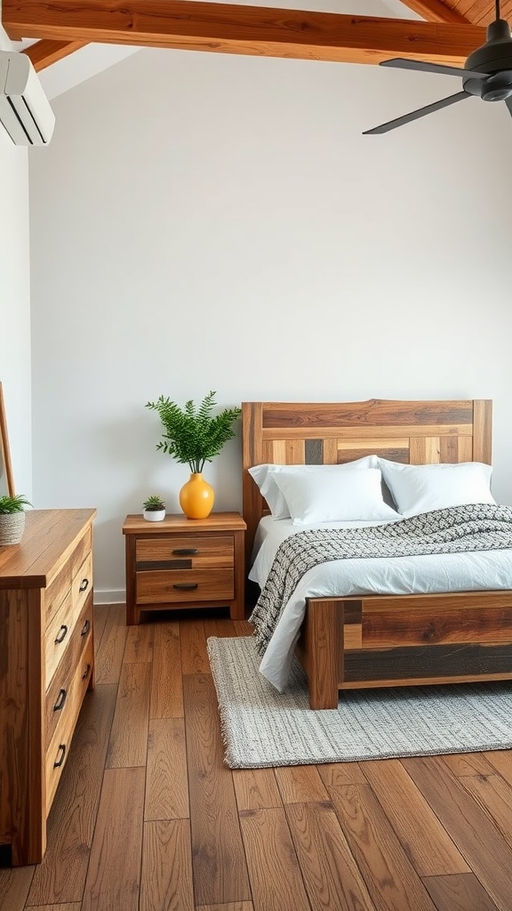 Bedroom featuring reclaimed wood furniture including a bed frame, nightstand, and dresser with natural wood tones and a cozy aesthetic.