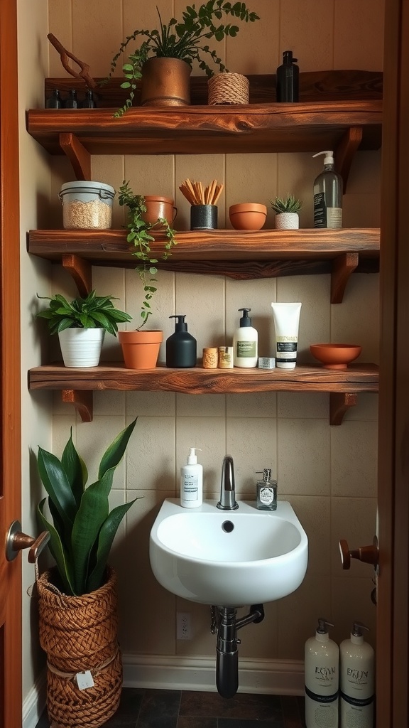 A college bathroom featuring reclaimed wood shelving with plants and bathroom essentials.