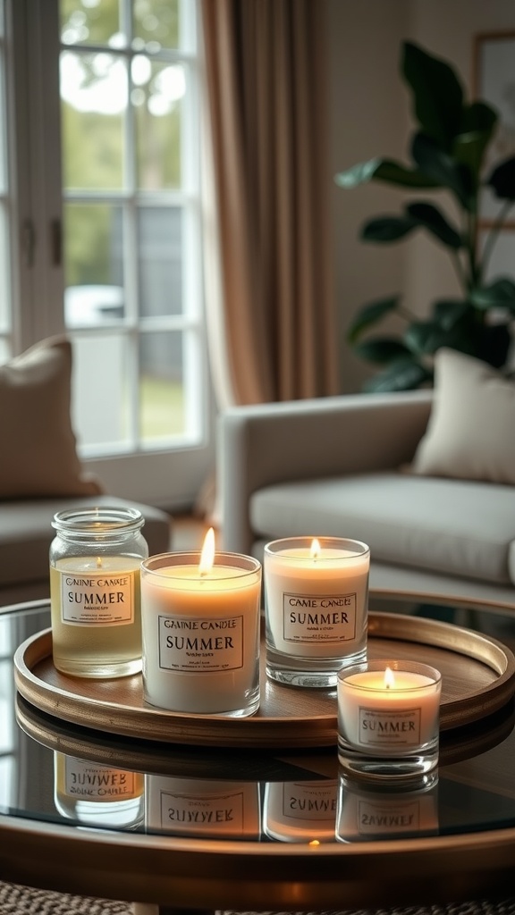 A set of summer-themed scented candles on a coffee table, with candles of various sizes and scents in cozy living room setting.