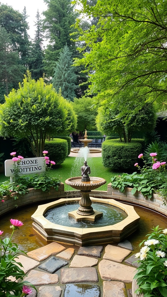 A beautiful garden featuring a fountain surrounded by greenery and flowers.