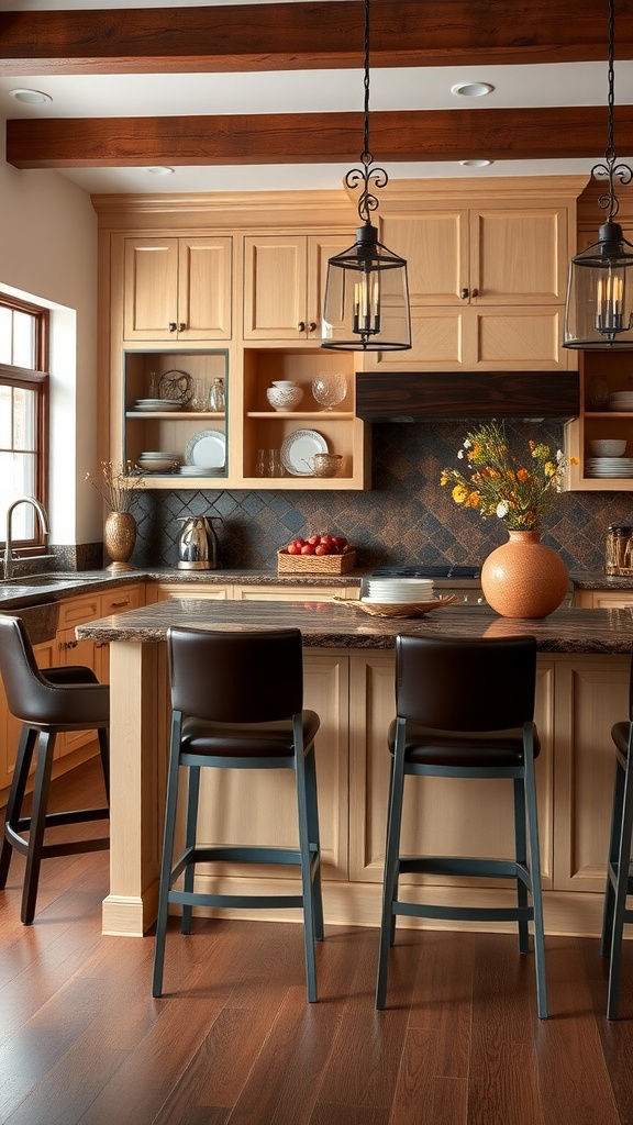 A modern kitchen featuring rich chocolate brown cabinets and warm wood flooring