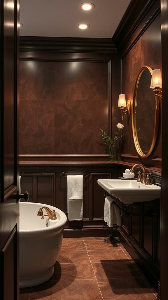 Bathroom with rich chocolate wall paint, featuring white fixtures and soft lighting.