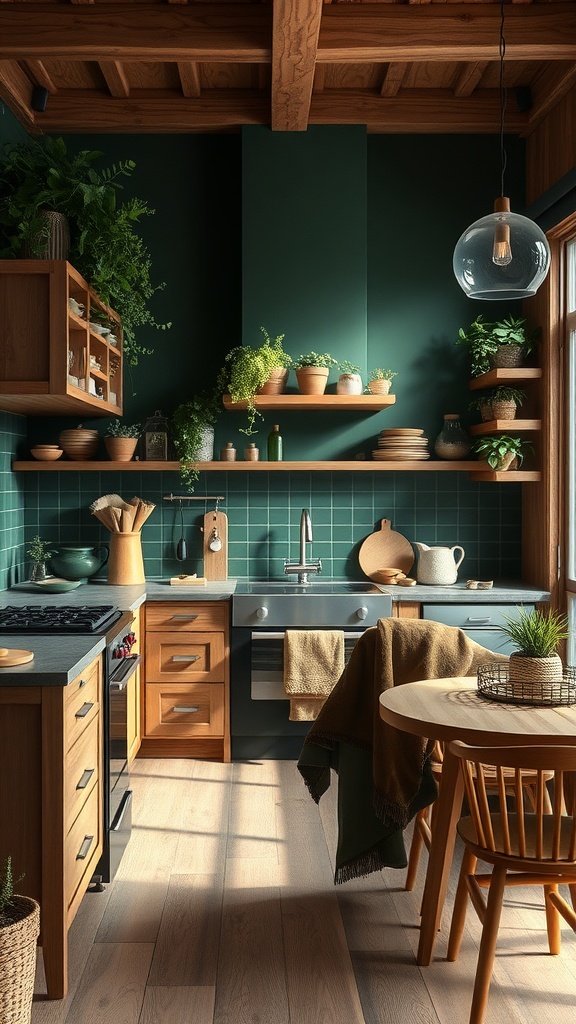 A kitchen featuring rich forest green walls, wooden cabinets, and plants, creating a cozy and inviting atmosphere.