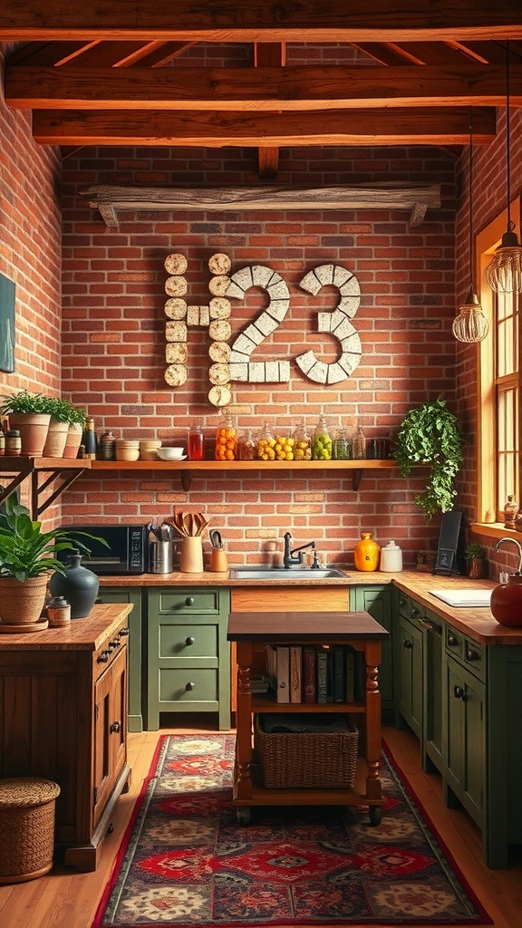A cozy kitchen featuring rustic brick red walls, green cabinets, and wooden accents, creating a warm and inviting atmosphere.